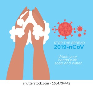 Hands washing and stop the spread 2019 ncov virus text design of Covid 19 cov infection epidemic disease symptoms and medical theme Vector illustration