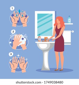 Hands washing technique and woman avatar design, Disinfects clean antibacterial and hygiene theme Vector illustration