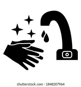Hands washing under the faucet with sensor, thin line icon. Touch less water crane with hands. Motion water tap. Glyph. Sterile surface. Automatic hand wash faucet icon. Vector illustration