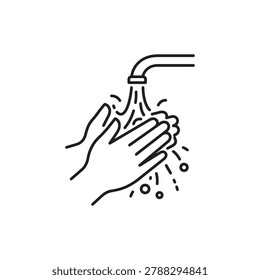 Hands washing under running water tap icon with cleanliness, sanitation