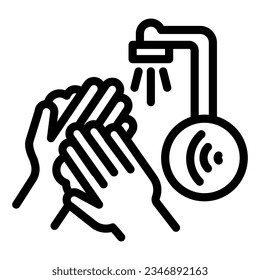 Hands washing under sensor faucet line icon, smart home technology symbol, motion water tap with airwaves vector sign on white background, hand wash icon in outline. Vector.