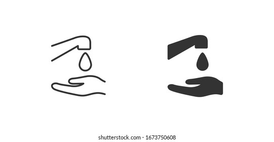 Juego de iconos vectoriales de lavado manual, símbolo de forma de contorno de línea. Higiene de limpieza manual, concepto de protección antivirus. El agua cae en forma plana aislada sobre fondo blanco.