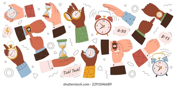 Fijación de iconos planos de manos y relojes. Antiguos relojes retro, arena y relojes de mesa. Reloj de pulsera de moda. Reloj de bolsillo de oro. Ilustraciones aisladas de color