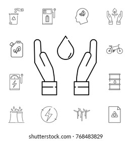 Hands with water drop icon. Set of ecology sign icons. Signs, outline eco collection, simple thin line icons for websites, web design, mobile app, info graphics on white background