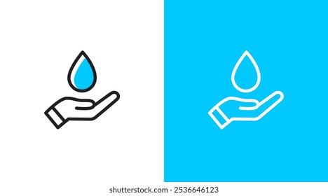 Hands and water drop logo icon. Hands holding water drop symbol. Hands giving blue water drop. Blue water drop care logo icon design template