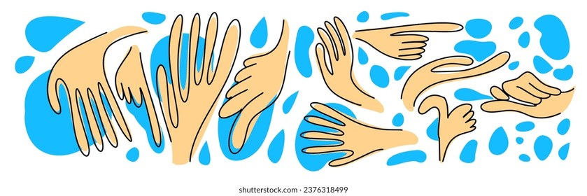 Manos con agua puesta. Lávese las manos. Detén el coronavirus. dibujo a mano. No IA, Illustrat3. Ilustración del vector