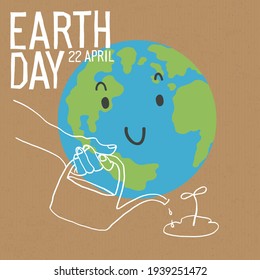 Hände mit Tränkanlage und Erde Charakter mit Pflanzen. Earth Day oder Save the Earth Concept Poster. Vektorgrafik