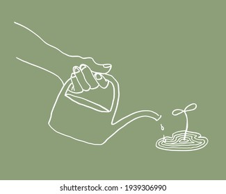 Hands with watering can and plant. Vector Illustration