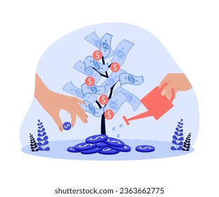 Hands watering money tree vector illustration. Banknotes and coins growing on tree as leaves, people investing money and nurturing savings. Financial growth, prosperity, banking concept