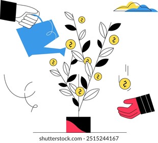 Mãos regando uma planta com folhas em forma de moeda. Crescimento financeiro e investimento e promoção de investimentos para retorno futuro. Uma ilustração minimalista.