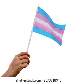 Hands with waved transgender flag. Colored hand-drawn sketch. Watercolor illustration on white background. 