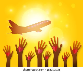 Hands waving airplane on a sunset background. Vector EPS10.