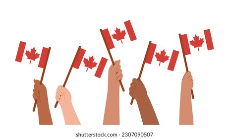 Manos ondeando banderas canadienses. Ilustración dibujada a mano por vectores. 