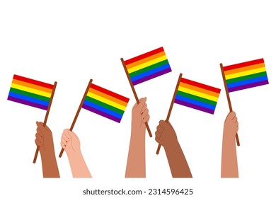 Hands waving LGBTQ flags illustration banner.
