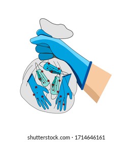 The hands wear gloves and carry rubbish bags containing infected gloves and infected surgical masks.