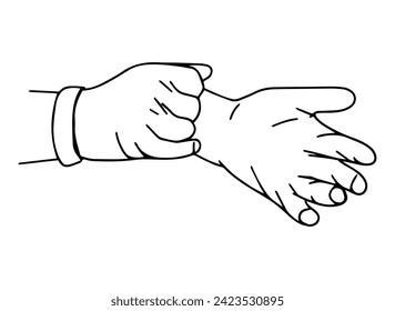 Hands wear rubber gloves. Vector illustration in line art style.