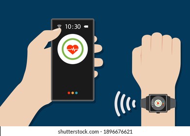 hands wear smart watches and smart phones to monitor health with modern digital technology vector design