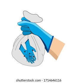 The hands wearing gloves and carrying garbage bags containing infected gloves.