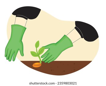 Hands wearing gloves in the garden planting seeds, farmer caring activities in summer time. Character design. Vector flat illustration