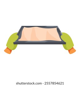 Hands wearing oven mitts holding a baking sheet lined with parchment paper