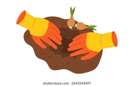 Mãos que usam luvas de borracha escavam buraco para plantar uma cebola. Ferramentas de jardim. Ilustração em cores planas. Para tópicos como ecologia, jardinagem, desenvolvimento sustentável, paisagismo e conservação da natureza