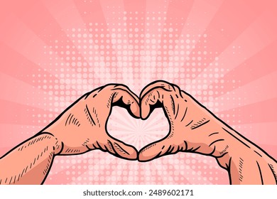 Hands wearing rubber gloves put together to form a heart in multicolor pink. dot circle pattern in transparency. light beam sun rise. retro comic pop art style. vector illustration background