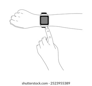 Manos que llevan el reloj elegante en el dibujo del contorno de la muñeca