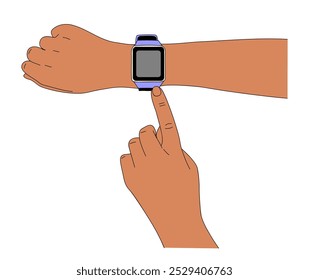 Hands wearing smart watch on wrist, finger touching screen. Modern technology concept. Vector colorful illustration isolated on white background.	