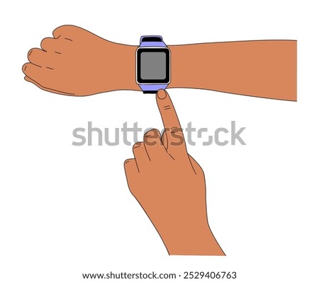 Hands wearing smart watch on wrist, finger touching screen. Modern technology concept. Vector colorful illustration isolated on white background.	