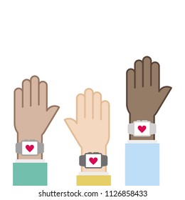 Hands wearing a smart watch. Vector illustration, flat design