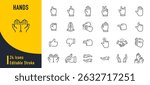 Hands web icons in line style. Handshake, hands holding mobile, click, stop, applause, like, thumbs up. Vector illustration.