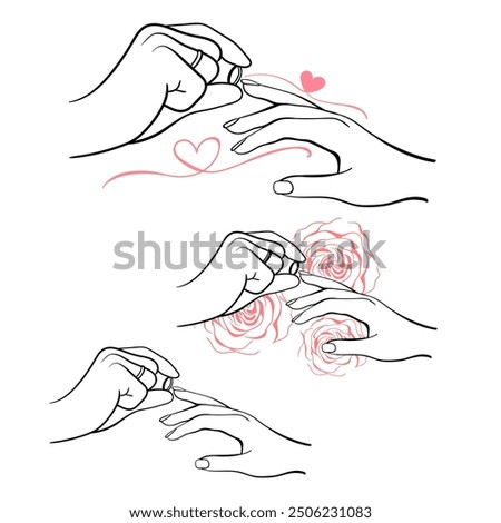 Hands with wedding marriage ring; Floral Bride and groom couple in love. Happy family concept; Hand drawn vector illustration. 
