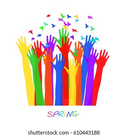 Hands welcome the birds. The metaphor of spring. Vector illustration