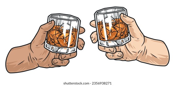 Hands with whiskey emblem colorful cognac or rum in glasses with ice cubes for liquor store advertising vector illustration