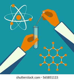 Hands in white clothes hold special stick and drop some liquid in test tube near atom and chemical structure on blue background. Vector illustration of molecular chemistry signs and experiment