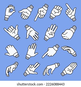 hands in white gloves. Cartoon human arms set. Line icons. Vector.