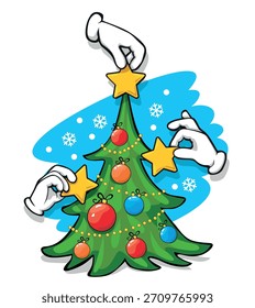 Hands in white gloves decorating Christmas tree by stars. Vector on transparent background