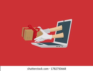 hands in white gloves holding gift bow package coming out of a laptop. Online shopping service and packages safely and with protection. Christmas shopping