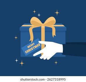 Hands in white gloves holding a gift box tied with a ribbon, with a Merry Christmas card on it, side view. Flat vector illustration