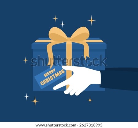 Hands in white gloves holding a gift box tied with a ribbon, with a Merry Christmas card on it, side view. Flat vector illustration