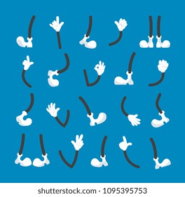 Hands in white gloves and legs in different poses. Cartoon character body vector parts. Illustration of leg and hand human cartoon