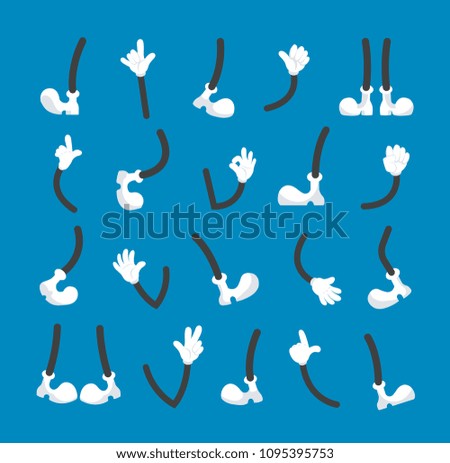Hands in white gloves and legs in different poses. Cartoon character body vector parts. Illustration of leg and hand human cartoon