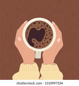 Hands and white mug with coffee on a wooden background. Vector flat illustration