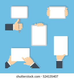 Hands with white paper set. Isolated hands with template signs and blank pages.