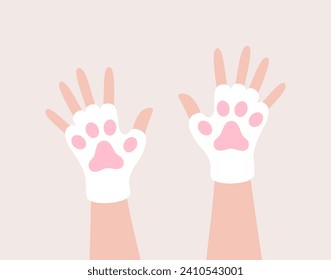 Hands in white and pink mittens in the shape of cat's paws. Flat vector illustration