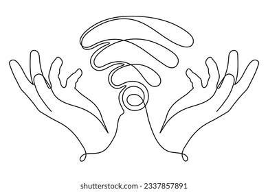 Hands with WI-FI signal one line art,hand drawn palms holds internet hotspot,access point continuous contour.Free zone wireless online concept,template outline.Editable stroke.Isolated.Vector