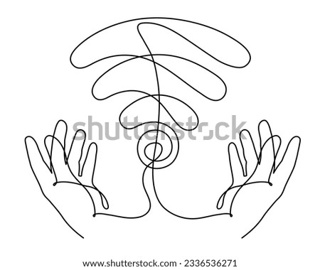 Hands with WI-FI signal one line art,hand drawn palms holds internet hotspot,access point continuous contour.Free zone wireless online concept,template outline.Editable stroke.Isolated.Vector