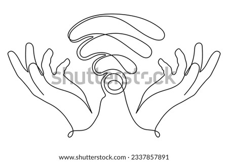Hands with WI-FI signal one line art,hand drawn palms holds internet hotspot,access point continuous contour.Free zone wireless online concept,template outline.Editable stroke.Isolated.Vector