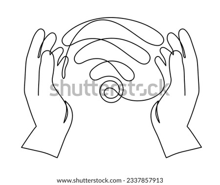 Hands with WI-FI signal one line art,hand drawn palms holds internet hotspot,access point continuous contour.Free zone wireless online concept,template outline.Editable stroke.Isolated.Vector