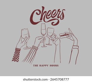 Hands up with wine glass vector art, Cheer hands illustration, Retro vintage party night artwork for t shirt, poster, graphic print